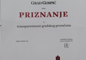 Grad Gospić dobio priznanje za transparentnost gradskog proračuna