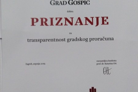 Grad Gospić dobio priznanje za transparentnost gradskog proračuna