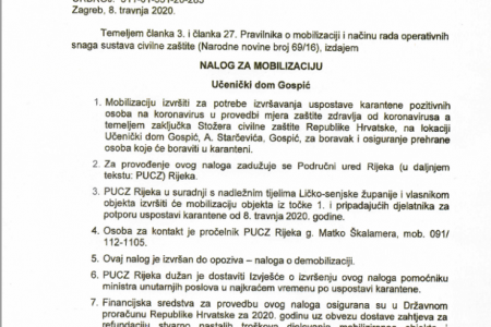 Nalog za mobilizaciju Učeničkog doma Gospić  MUP izdao  8.travnja