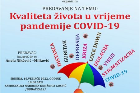 Ne propustite predavanje dr.sc.Anele Nikčević- Milković o kvaliteti života u vrijeme pandemije