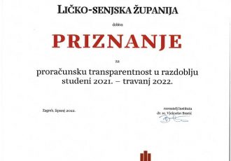 Ličko–senjska županija dobila priznanje za transparentnost proračuna