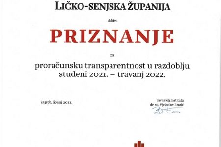 Ličko–senjska županija dobila priznanje za transparentnost proračuna