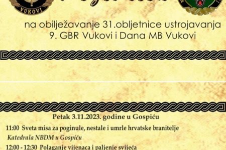 ČESTITAMO: u petak 3.studenoga obilježit će se 31. obljetnica legendarne 9. Gardijske brigade Vukovi i Dan MB Vukovi.
