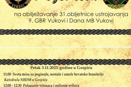 ČESTITAMO: u petak 3.studenoga obilježit će se 31. obljetnica legendarne 9. Gardijske brigade Vukovi i Dan MB Vukovi.
