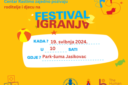 FESTIVAL IGRANJA U GOSPIĆU za roditelje i djecu predškolske i rane školske dobi 19. svibnja, Park Jasikovac, od 10 – 14 sati