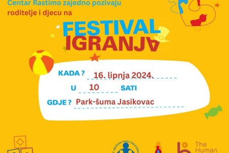 FESTIVAL IGRANJA U GOSPIĆU za roditelje i djecu predškolske i rane školske dobi 16. lipnja, Park Jasikovac, od 10 – 14 sati