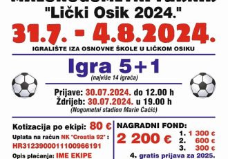 Prijavite ekipe za malonogometni turnir povodom Dana pobjede i Domovinske zahvalnosti i Dana hrvatskih branitelja “Lički Osik 2024”!!!
