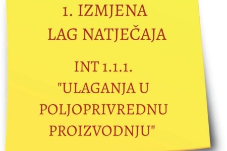 IZMJENA LAG NATJEČAJA za provedbu intervencije 1.1.1. „Ulaganja u poljoprivrednu proizvodnju“