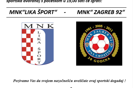 U nedjelju pogledajte malonogometnu utakmicu Lika šport- Zagreb 92